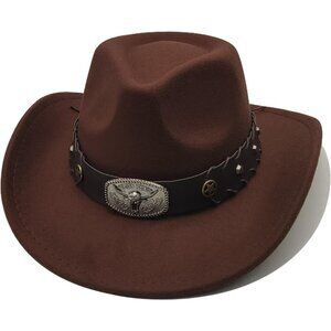 Unisex Brown Western With Bull Skull Buckle Band Classic Fedora Cowboy Felt Hat